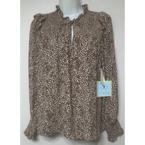 CeCe Blouse Cheetah Long Sleeve Smocked Cuff Tie Neck Women’s Small NEW
